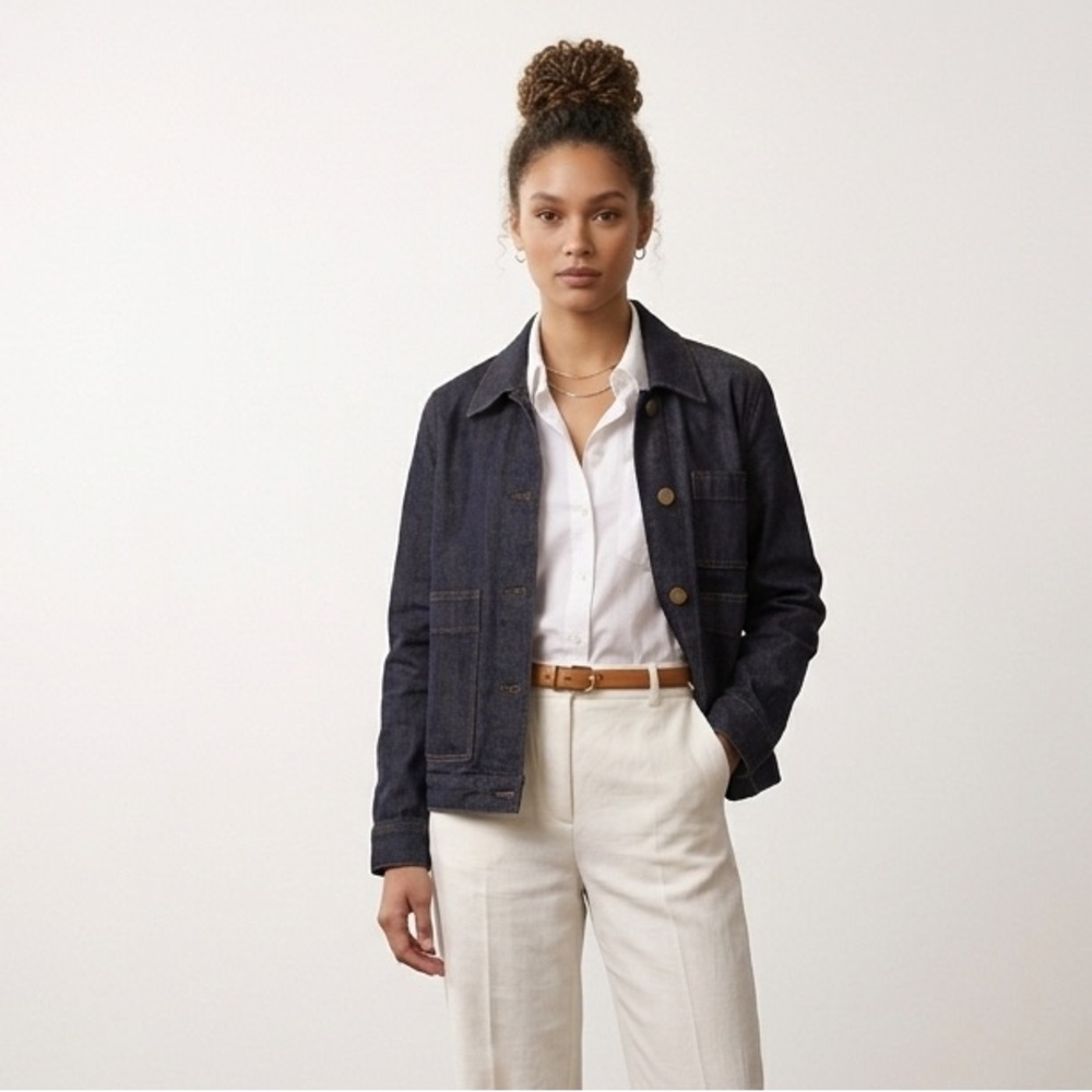 COS Dark Wash Denim Jacket Workwear Chore Coat Style Brass Buttons Size 2 XS